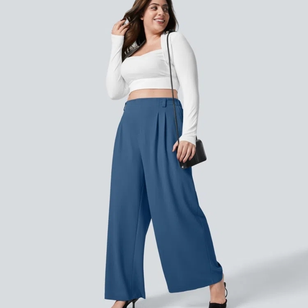 Halara Flex Dark Blue High Waisted Pocket Wide Leg Waffle Plus Pants Size 2X